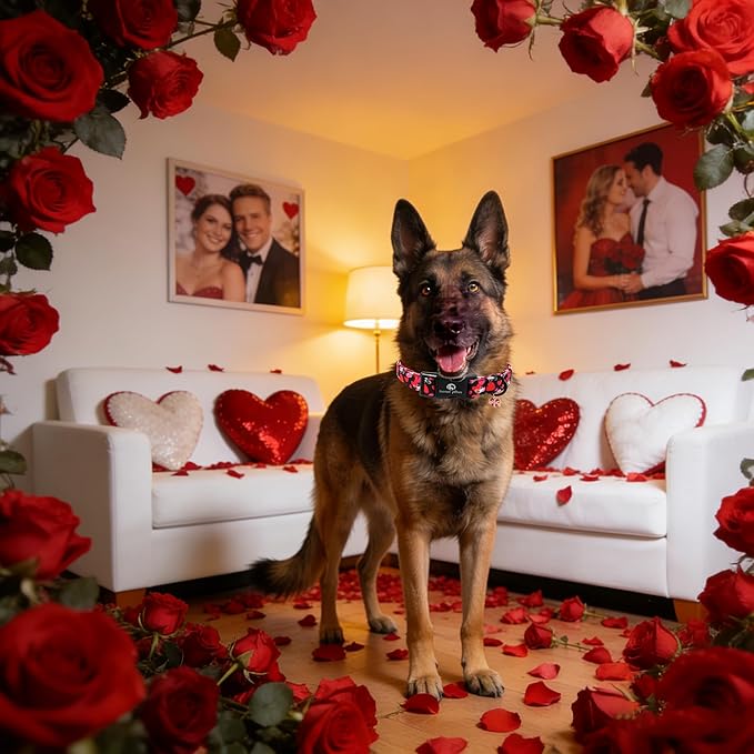 Lionet Paws Valentine's Day Dog Collars - Red Pink Hearts Black Dogs Collar with Plastic Buckle and Heart Pendant,Dog Collar for Medium Dogs