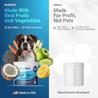 WuffWell Omega 3 Fish Oil for Dogs Chews – Skin and Coat Supplement with Salmon Oil for Dogs – Allergy & Itch Relief, Dog Shedding and Dry Skin Support – Vet Approved – Made in USA – 140 Soft Chews