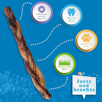 Jack&Pup 12" Braided Bully Sticks (3 Pack) Long Lasting Thick Bully Sticks for Large Dogs and Aggressive Chewers, Single Ingredient Dog Chews