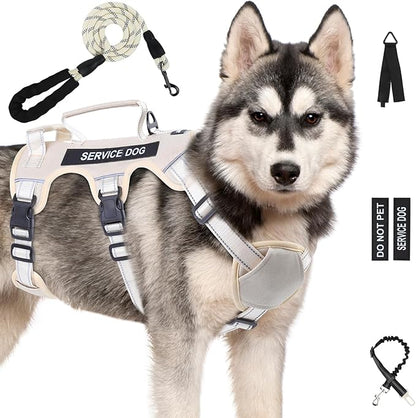 Escape Proof Dog Harness for Large Medium Sized Dogs Six Point Adjustable, Service Dog Vest Harness and Leash Set, No Pull Dogs Harnesses with Handle, XL Dog Harnesses for Walking(Beige, L)