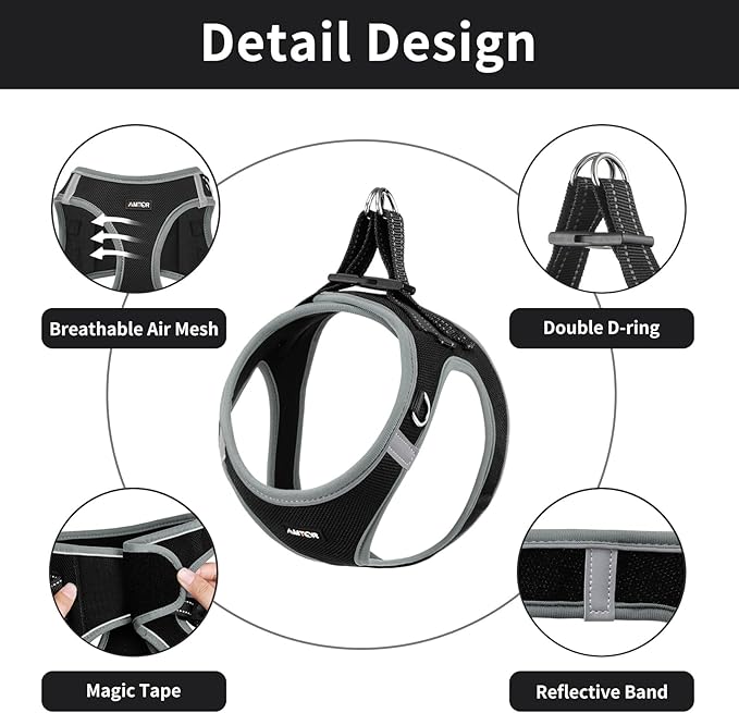 AMTOR Small Dog Harness with Leash Set, No Escape Easy Walk Puppy Harnesses for Training Walking, Step-in Reflective Soft Dogs Vest for XS S Medium Extra-Small Large Sized Dog(S,Black/Grey)