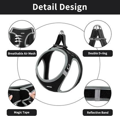 AMTOR Small Dog Harness with Leash Set, No Escape Easy Walk Puppy Harnesses for Training Walking, Step-in Reflective Soft Dogs Vest for XS S Medium Extra-Small Large Sized Dog(XXS,Black/Grey)