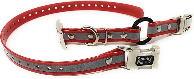 Sparky Pet Co -Zeus ECollar Replacement Strap - Bungee Loop Dog Collar - Waterproof Biothane - Adjustable - Double Buckle - Quick Snap Metal Clasp - Invisible Fence Systems - 1"x 30" Red Refl