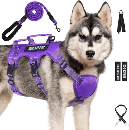 Escape Proof Dog Harness for Large Medium Sized Dogs Six Point Adjustable, Service Dog Vest Harness and Leash Set, No Pull Dogs Harnesses with Handle, XL Dog Harnesses for Walking(Purple, L)