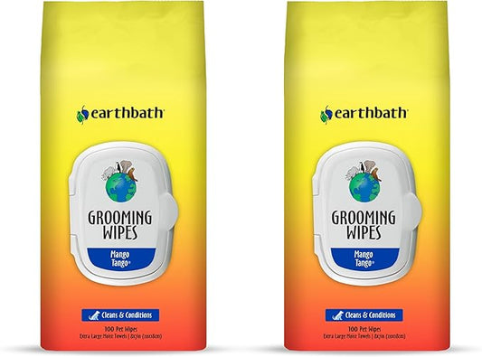 earthbath, Mango Tango Grooming Wipes - Dog Wipes for Paws and Butt, Best Pet Wipes for Dogs & Cats, Made in USA, Cruelty-Free Dog Cleaning Wipes, Removes Dirt & Dander - 100 Count (2 Pack)