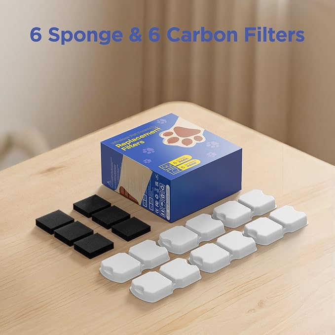 IHOUONE Official Cat Fountain Filter: 12 Cat Water Fountain Filter Replacement - 6 Carbon Filters & 6 Foam Filters - Suitable for IHOUONE Stainless Steel pet Fountains