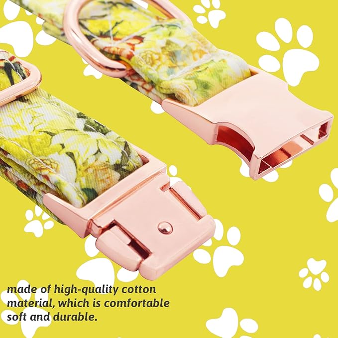 Dog Collar and Leash Set Girls Adjustable Puppy Collars with Floral Bow Tie for Small Medium Large Female Dogs, Yellow Rose, M
