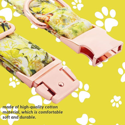 Dog Collar and Leash Set Girls Adjustable Puppy Collars with Floral Bow Tie for Small Medium Large Female Dogs, Yellow Rose, M