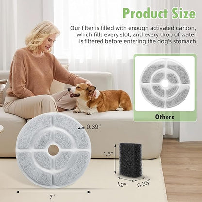 12 Pack 7" Activated Carbon Filters for SIBAYS 2.5GAL/9.5L Dog Water Fountain, 18cm Large Size Filters and Sponges for Kastty 9L Large Dog Water Fountains, 12 Pack Filters + 12 Pack Sponges