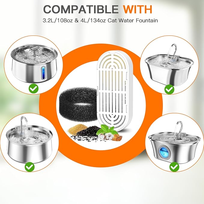 Cat Water Fountain Filters for 108/3.2L& 4L/134oz Stainless Steel Pet Water Dispenser Fountain Filters (6 Filters& 6Sponges)