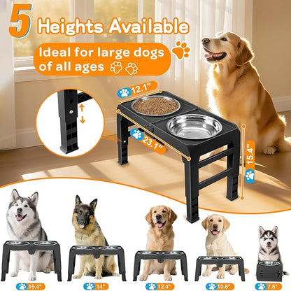 Elevated Dog Bowls for Large Dogs 5 Adjustable Heights 7.5"-15.4", 2 X-Large 10” Stainless Steel Bowls, Heavy Duty Raised Dog Bowl Stand Foldable Pet Feeder for Dogs Shoulder Height Over 15”, Black