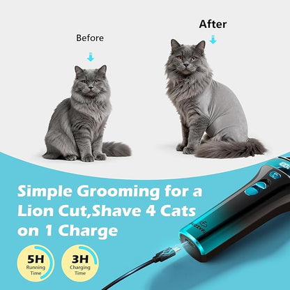 FuzzyFix Cat Clippers for Grooming with 5-in-1 Blade, Cat Grooming Kit Cordless Rechargeable Hair Trimmer Detachable Stainless Steel Blade Pet Shaver for Small Kitty Paw Face Head Body