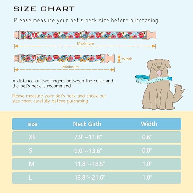 Faygarsle Colorful Pattern Dog Collar for Small Medium Large Dogs Cute Puppy Collars for Female Dogs Floral Dog Collars for Summer Spring Wedding Necklace Girl Dog Collar M