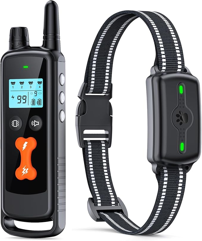 Dog Training Collar, Dog Shock Collar with Remote Control, Electric Shock Collar with 4 Training Modes, IP68 Waterproof Rechargeable e Collar for Large Medium Dogs with Beep Shock and Security Lock