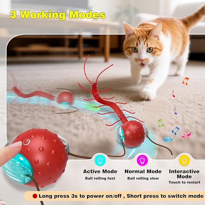 Saolife Interactive Cat Toys for Indoor Cats, Moving Cat Ball with Tail, Fast Rolling on Carpet, Chirping & Motion Activate
