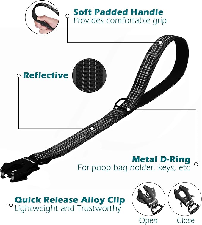 PetBonus Heavy Duty Short Dog Leash, 18 Inch Nylon Traffic Leash with Quick Release Clip, Comfortable Padded Handle, Reflective Training Lead for Medium Large Dogs (Black, 18")