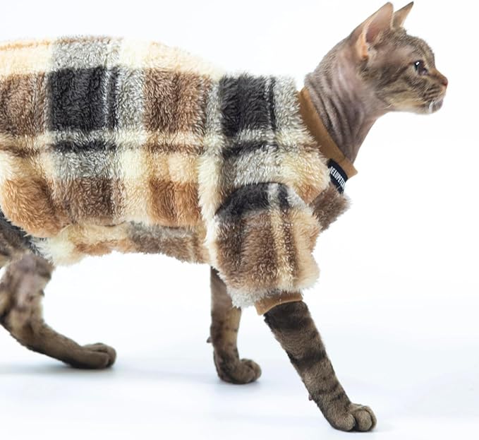 Cat Double-Sided Fleece Clothes, Soft Warm Winter Jumpsuit Sweater Shirt Clothing for Hairless Sphynx, Devon & All Indoor Kittens (Khaki,M)