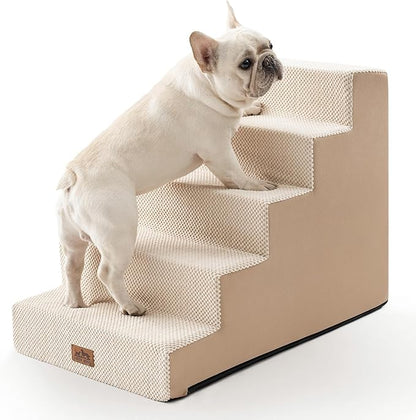 COZY KISS Dog Stairs for Small Dogs, 5 Tier Wider Pet Stairs for High Beds, 23.6" H Non-Slip Dog Steps for Old Cats, Puppies, Small Medium Dogs, 19.7x29.5x23.6 inch, Beige