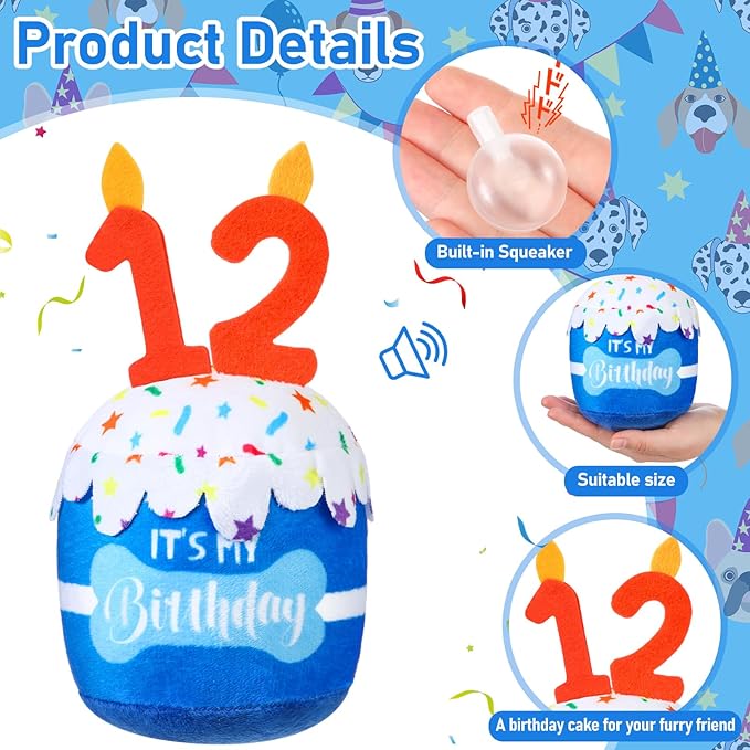 Dog Birthday Cake Toy Accessories for Girl Boy Gifts, Squeaky Plush Toy for Dog Birthday Party Decor Favor for Large, Medium and Small Dogs(12th,Blue)