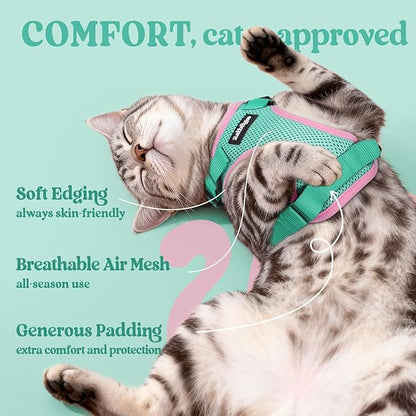 rabbitgoo Cat Harness and Leash for Walking, Escape Proof Soft Adjustable Vest Harnesses for Cats, Easy Control Breathable Reflective Strips Jacket, Green&Pink, M