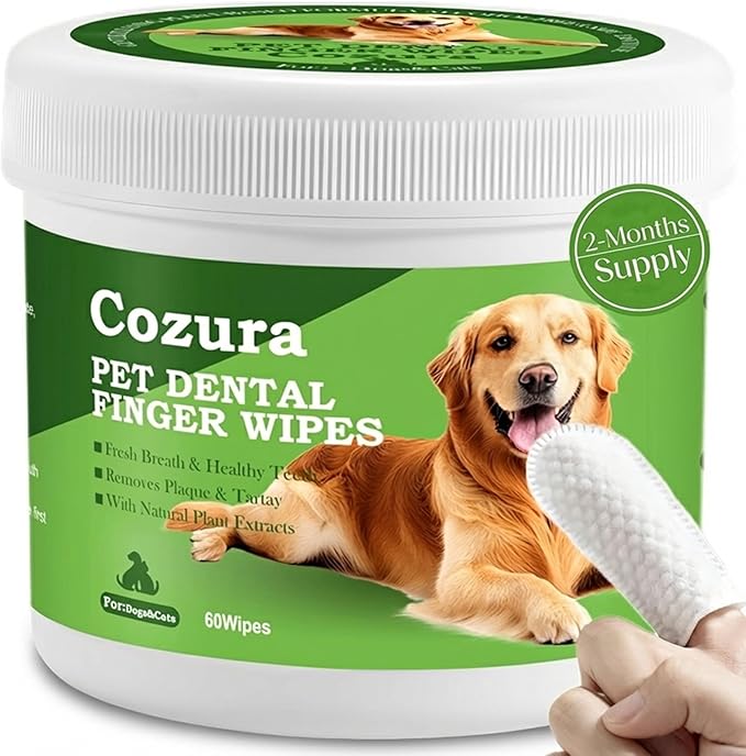 Dog Teeth Cleaning Wipes, Finger Dental Care Wipes for Dogs & Cats | Gentle Dog Tooth Brushing Kit Alternative, Helps Reduce Plaque & Tartar, Fresh Breath | 60 Count, Unflavored