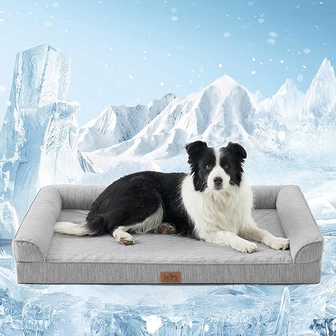 COZY KISS Cooling Dog Bed, Orthopedic Foam Dog Bed with Sides, Removable Washable Cover & Waterproof Lining and Nonskid Bottom, Comfortable Pet Beds for Large Dogs, Grey (42" L x 30" W x 7" Th)