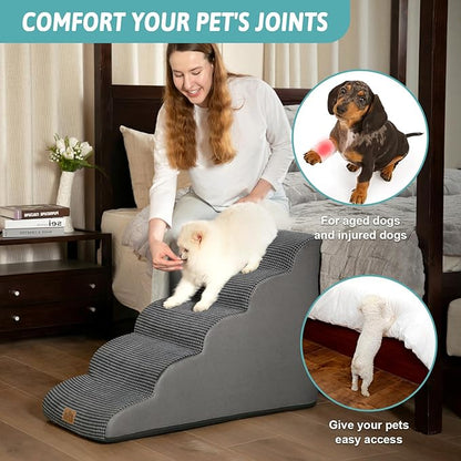 Dog Stairs for High Bed 22.6" H, Small Dog Step for Puppy, Older or Cat, Curved Ramp for Car, Ladder with High Density Foam, Lightweight, Durable, 15.7x33x22.6 inch, 5 Step, Charcoal Grey
