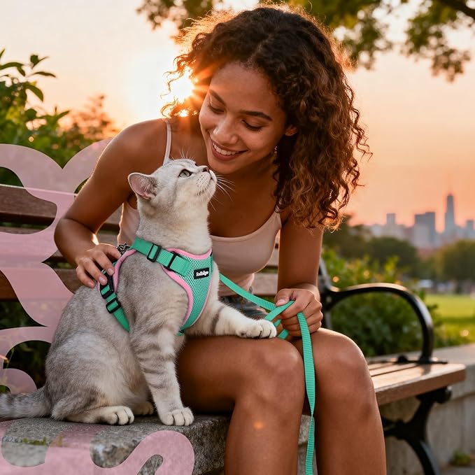 rabbitgoo Cat Harness and Leash for Walking, Escape Proof Soft Adjustable Vest Harnesses for Cats, Easy Control Breathable Reflective Strips Jacket, Green&Pink, M