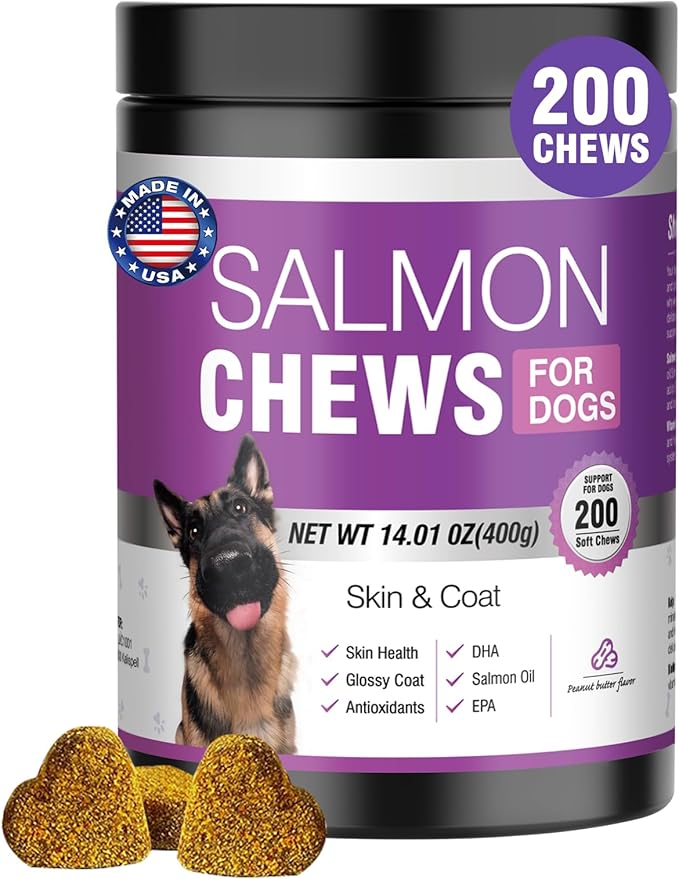 Omega 3 Skin and Coat Supplement for Dogs 200 Chews Dog Fish Oil Supplements with EPA & DHA Fatty Acids Dry Skin Relief for Dogs Shedding Allergy Itching Promotes Heart Hip Joint(Peanut Butter)