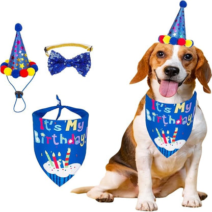 Pet Birthday Party Set,Dogs Bandana and Dog Birthday Hat with Star Pattern Design, Adjustable Sequin Bow tie Accessories, Blue Birthday Boy Scarf (Dark Blue)