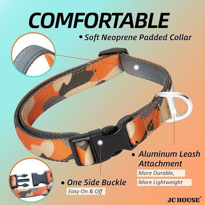Soft Padded Dog Collar, Neck 12’’-20’’, Adjustable Heavy Duty Collar with 3M Reflective Logo for Medium, Large Dogs, Camo Orange, M
