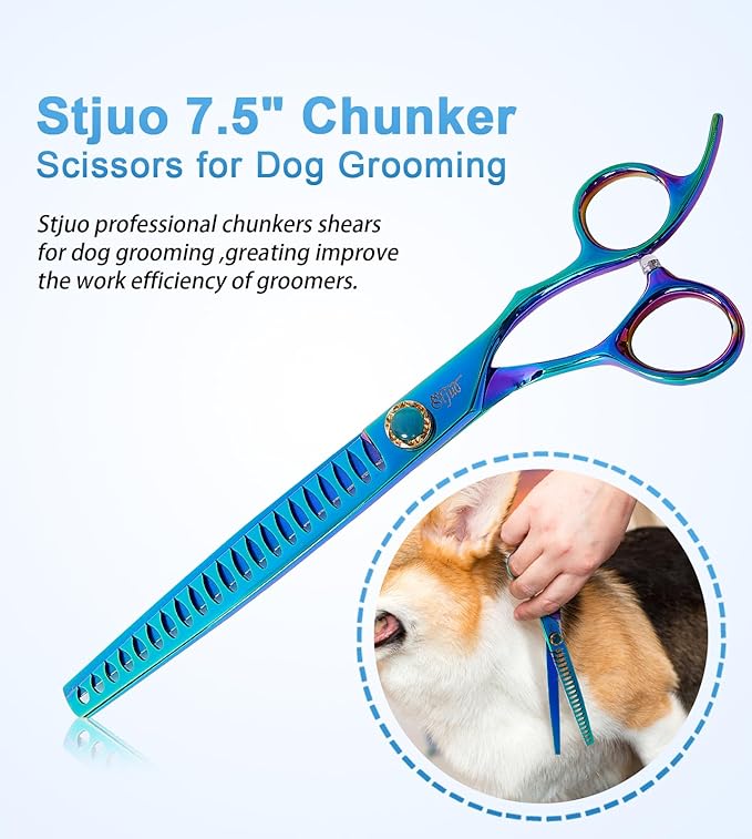 Stjuo 7.5'' Dog Chunker Scissors for Grooming 440C Stainless Steel Green Professional Pet Trimming Scissors Sharp Blades Cutting for Dogs and Cats Shears