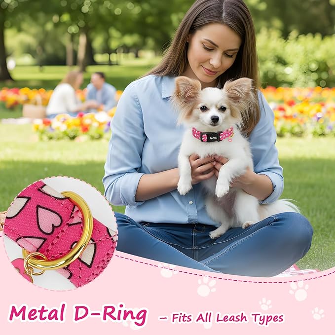 Valentines Dog Collar with Pink White Heart Pattern, Adjustable Medium Dog Collar with Safety Buckle & Heart Charm, Spring Summer for Girl Boy Dogs-M