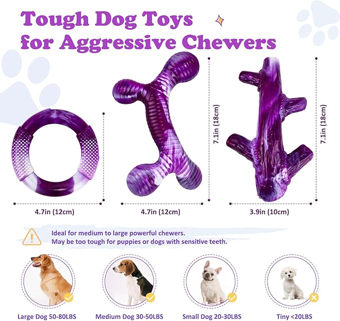 Furdog 3 Pack Dog Toys for Aggressive Chewers Indestructible Dog Toy for Large Dogs Tough Dog Toys to Keep Them Busy, Purple (Purple2)