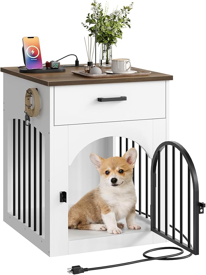 CHOEZON Dog Crate Furniture, Wooden Dog House with Charging Station and Storage Drawer, Indoor Pet Crate End Table for Small Breeds, Dog Kennel for Living Room, Bedroom, White and Walnut MGW01UWL