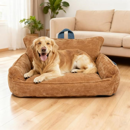 RAFASAFA Large Orthopedic Dog Sofa Bed with Sides, Carry Handle & Side Pockets .Plush Chenille Orthopedic Pet Bed Couch for Large Dogs.Portable Snuggler for Indoor Use, Travel & Recovery(Orange)