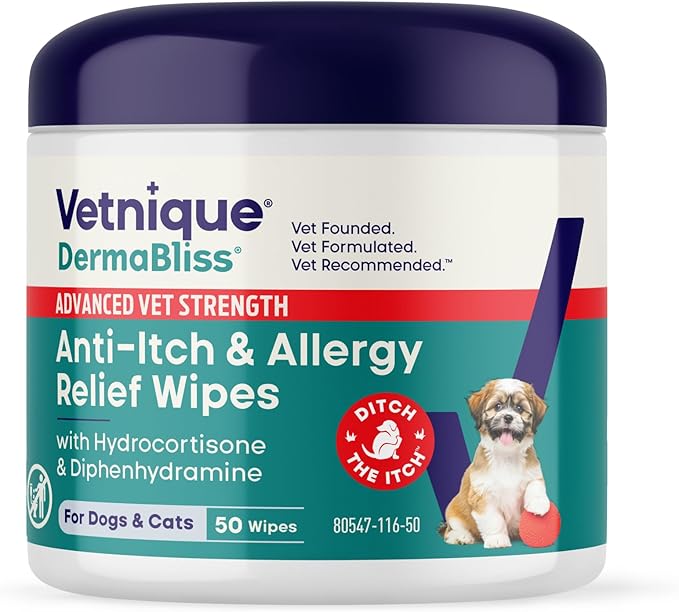 Vetnique Dermabliss 3-in-1 Medicated Dog Wipes - Relief for Itchy Skin, Allergies & Odor Control, Gentle No-Sting Formula, Antihistamine & Hydrocortisone Paw Wipes for Dogs & Cats 50 Count