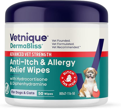 Vetnique Dermabliss 3-in-1 Medicated Dog Wipes - Relief for Itchy Skin, Allergies & Odor Control, Gentle No-Sting Formula, Antihistamine & Hydrocortisone Paw Wipes for Dogs & Cats 50 Count