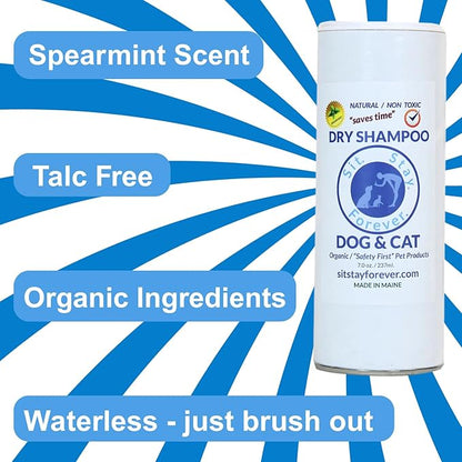 Sit. Stay. Forever. Dry Shampoo for Dogs & Cats – Organic Dry Bath Powder, Talco para Perros, Hypoallergenic, Odor Control for Smelly Dogs, No-Rinse, Anti-Itch, Safe & Natural, Made in The USA, 7 oz
