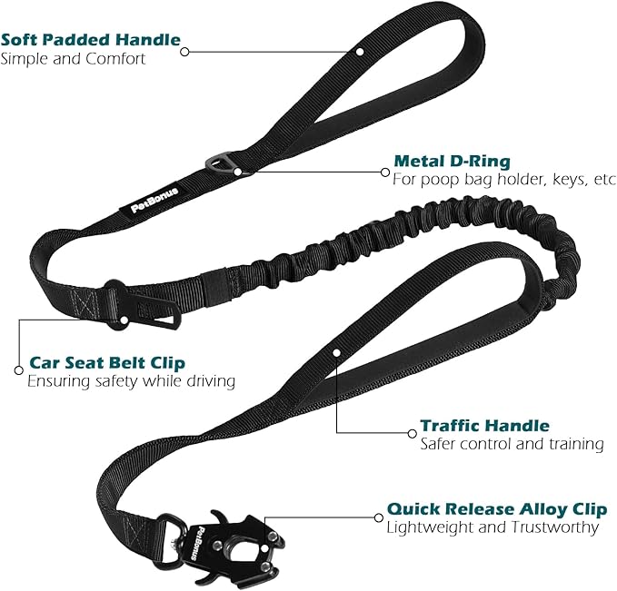 PetBonus Heavy Duty Tactical Dog Leash, 5 FT Bungee Shock Absorption Leash with 2 Padded Handles, Quick Release Metal Clip, Car Seatbelt, No Pull Training Lead for Large Medium Dogs (Black)