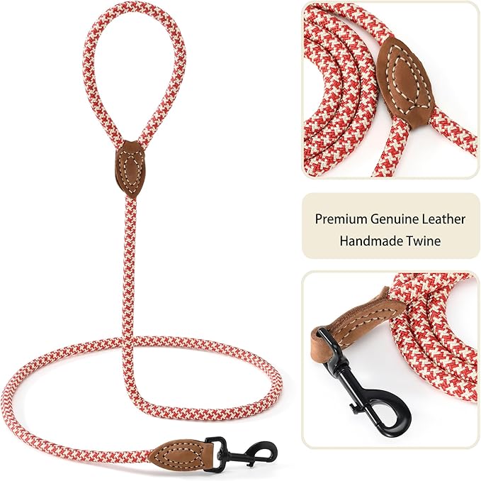 Mile High Life | Mountain Climbing Dog Rope Leash with Heavy Duty Metal Sturdy Clasp | Genuine Leather Tailored Connection with Strong Stitches (Red Khaki1, 60 Inch (Pack of 1))
