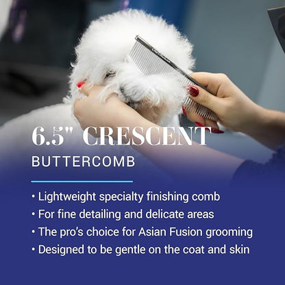 Chris Christensen 00C 6.5 in Crescent Coarse/Fine Finishing Butter Comb, Groom Like a Professional, Rounded Corners Prevent Friction and Breakage, Solid Brass Spin with Steel Teeth, Chrome Finish