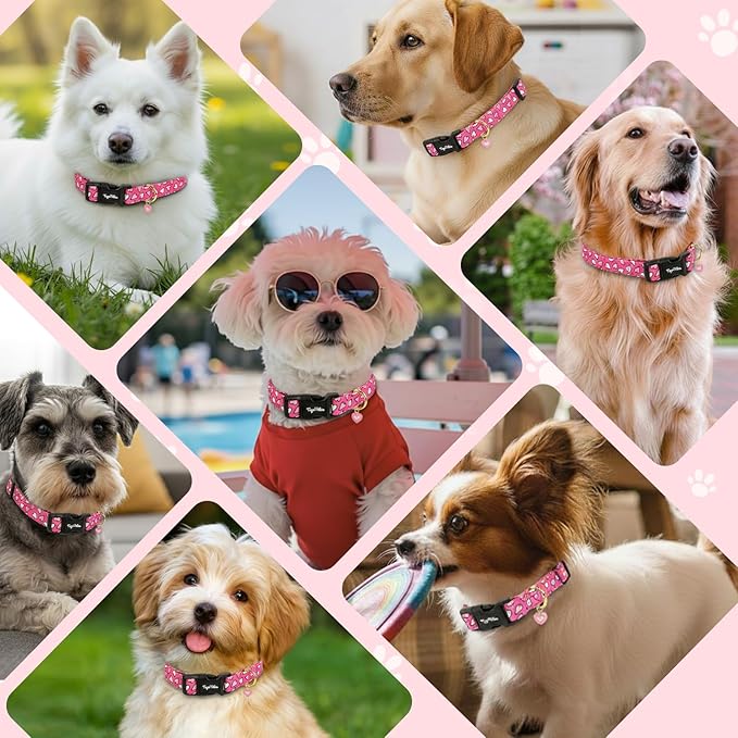 Valentines Dog Collar with Pink White Heart Pattern, Adjustable Large Dog Collar with Safety Buckle & Heart Charm, Spring Summer for Girl Boy Dogs-L