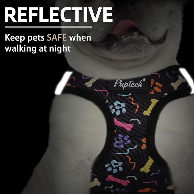 PUPTECK Dog Harness and Leash Set for Small Medium Dogs No Pull Step-in Soft Mesh Puppy Cat Vest Harnesses Reflective at Night, Black Paw, S