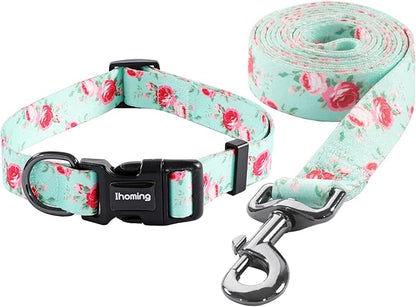 Ihoming Dog Collar and Leash Set for Daily Outdoor Walking Running Training, Floral Spring Design for Small Boys Girls Dogs Cats Pets, S-Up to 20LBS