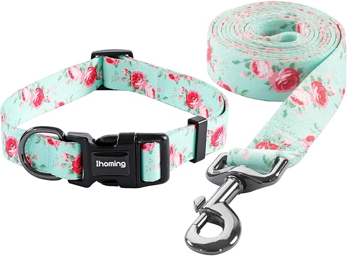 Ihoming Dog Collar and Leash Set for Daily Outdoor Walking Running Training, Floral Spring Design for Large Boys Girls Dogs Cats Pets, L-Up to 80LBS