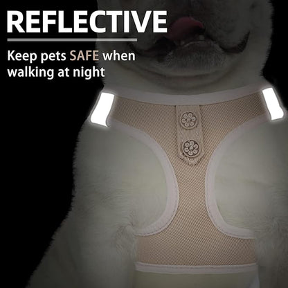 PUPTECK Dog Harness and Leash Set for Small Medium Dogs No Pull Step-in Soft Mesh Puppy Cat Vest Harnesses Reflective at Night, Denim Beige XS