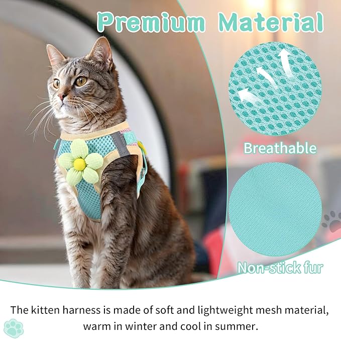 NCMAMA Cat Harness and Leash Set for Walking Escape Proof, Adjustable Kitten Harness Breathable Mesh with Reflective Strips Harness with Flower for Kitty Puppy Bunny Green XS
