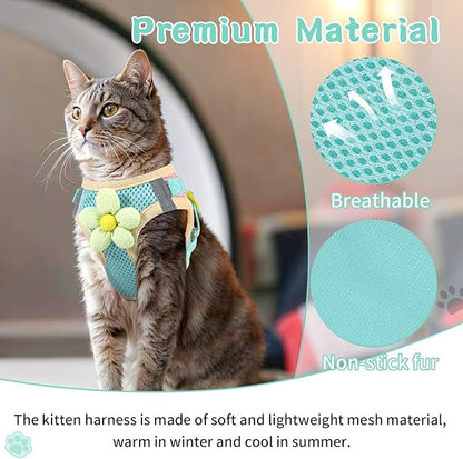 NCMAMA Cat Harness and Leash Set for Walking Escape Proof, Adjustable Kitten Harness Breathable Mesh with Reflective Strips Harness with Flower for Kitty Puppy Bunny Green XS