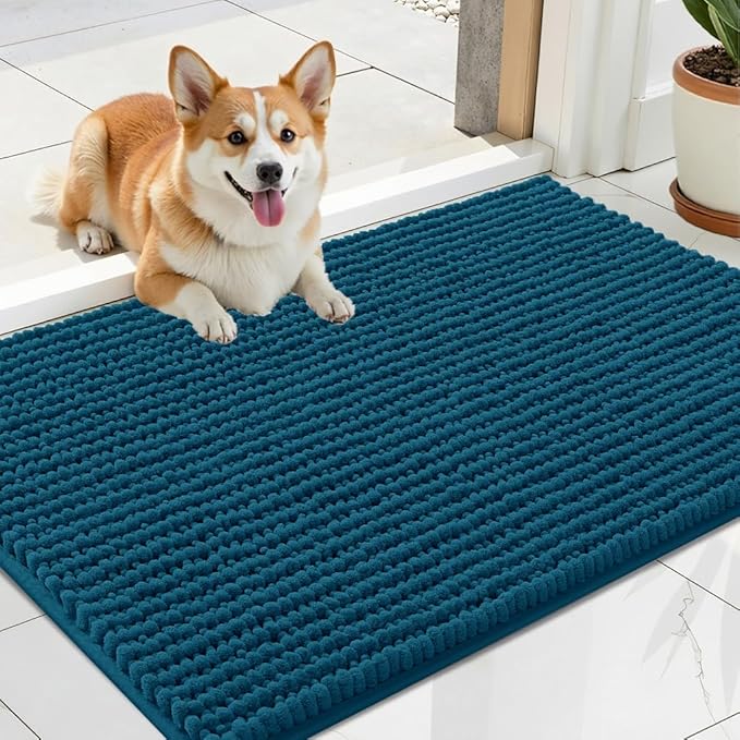 OLANLY Dog Door Mat for Muddy Paws 24x16, Ultra Absorbent Chenille Mud Doormat, Non-Slip Washable and Dirt Trapping Doormat for Indoor Entryway, Quick-Dry Indoor Pet Bed Mats for Dogs, Atlantic Blue